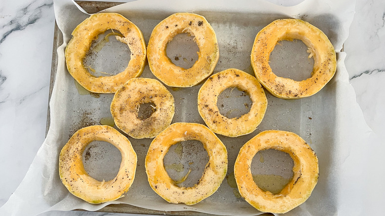 spaghetti squash rings in pan