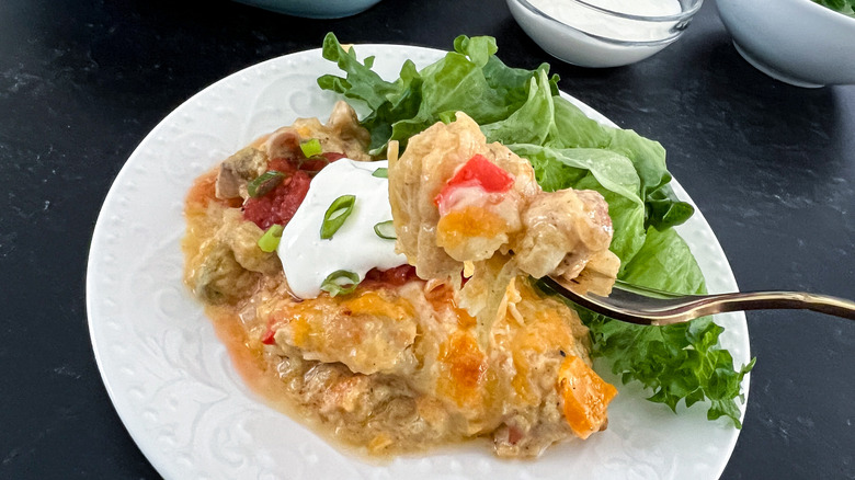 chicken casserole on white plate