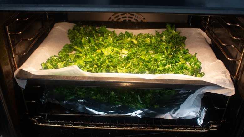 Kale chips baking in the oven