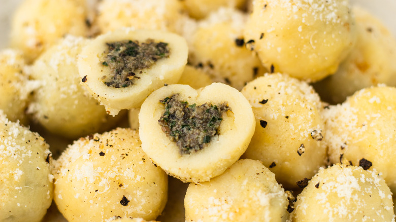 mushroom-stuffed gnocchi split open