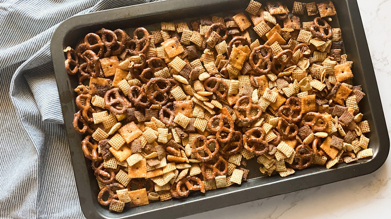 baking pan with Chex Mix