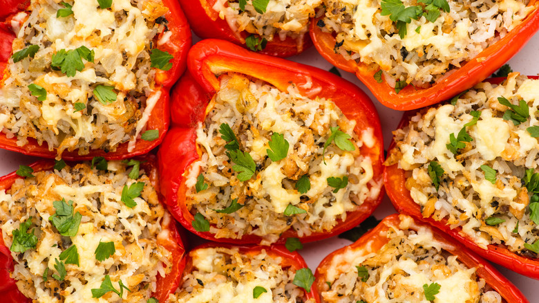 salmon and rice stuffed peppers close up