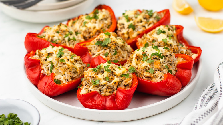 plate of salmon and rice stuffed peppers