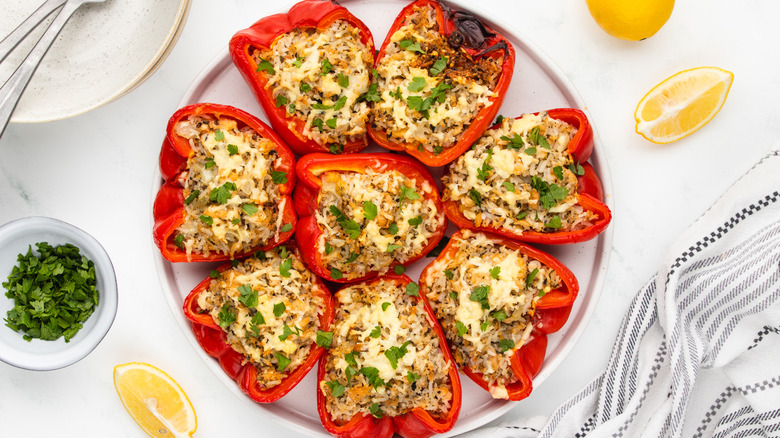 salmon stuffed peppers on plate