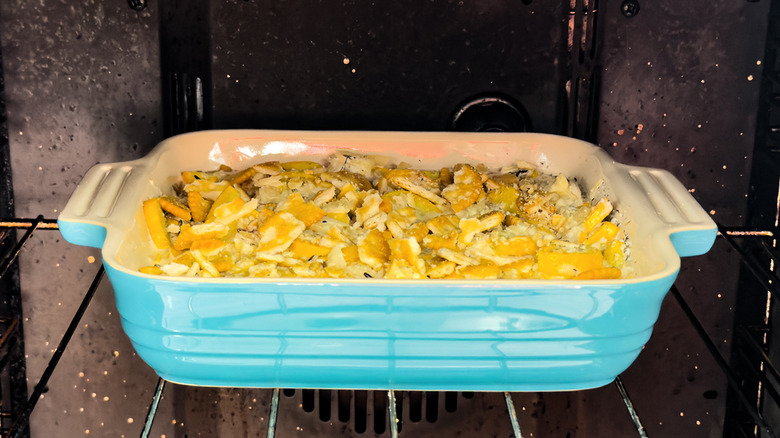 cheesy summer squash casserole in oven