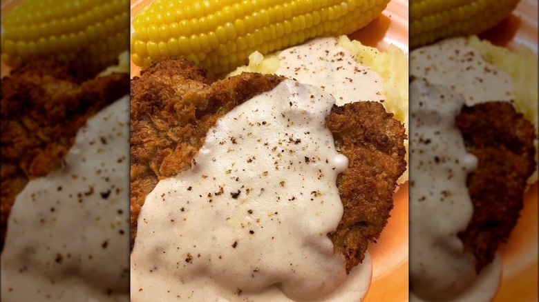 White gravy fried chicken steak corn