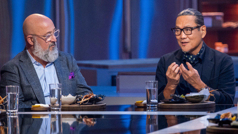 Andrew Zimmern and Masaharu Morimoto judging Iron Chef