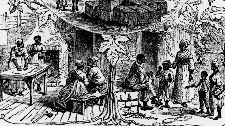 A woodcut illustration of enslaved people