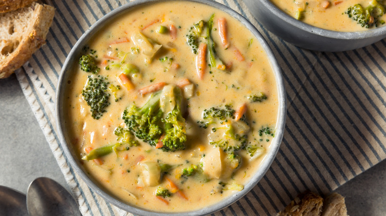 view from above of bowl of broccoli cheese soup