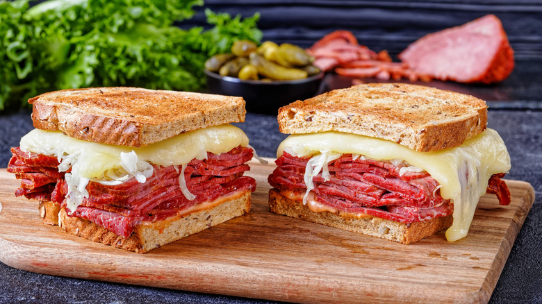 Two halves of Reuben sandwich