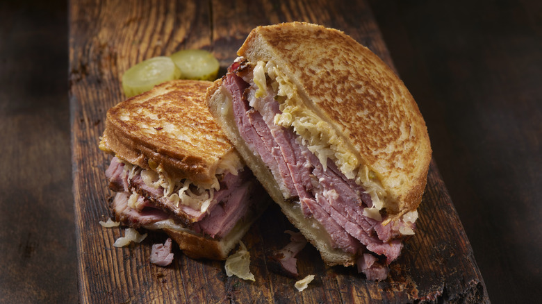 Toasted Reuben sandwich cut open