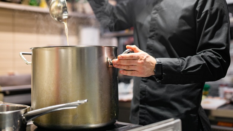 big pot of soup in restaurant kitchen