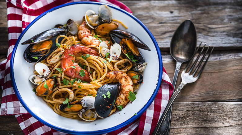 bowl of seafood pasta