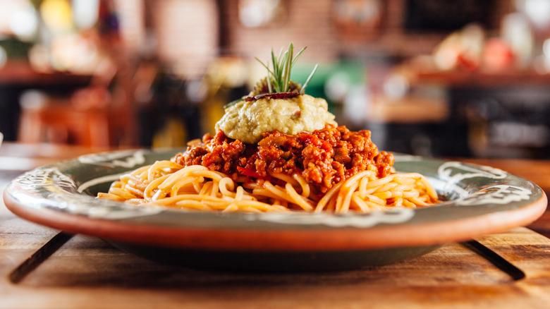 spaghetti Bolognese on table