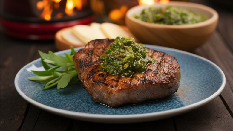 Gilled steak with chimichurri sauce