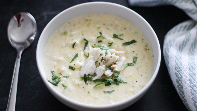 crab soup in white bowl