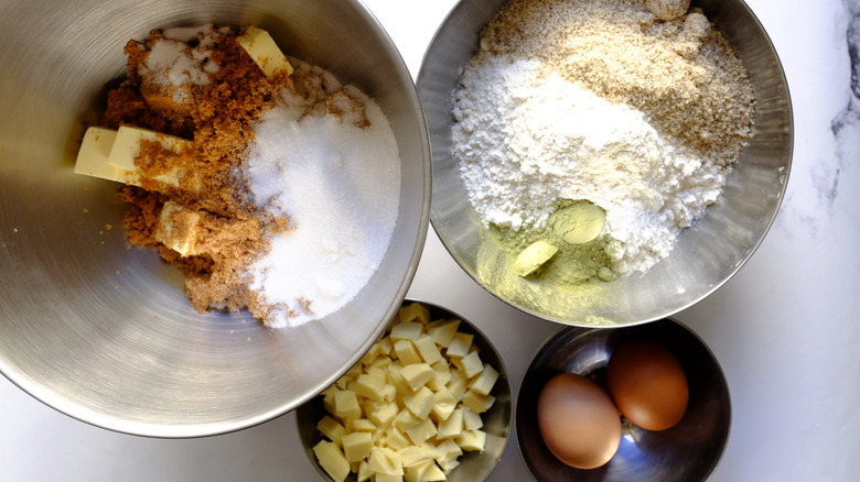 cookie ingredients in bowls