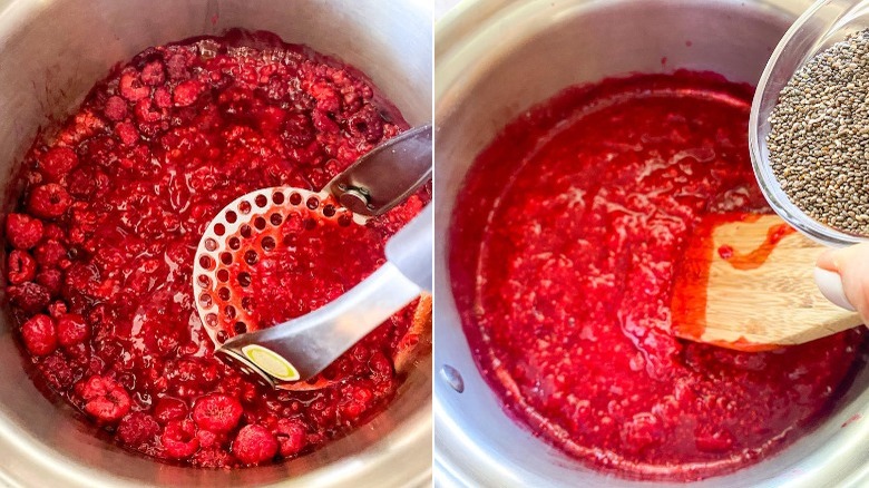 cooking raspberry chia seed jam