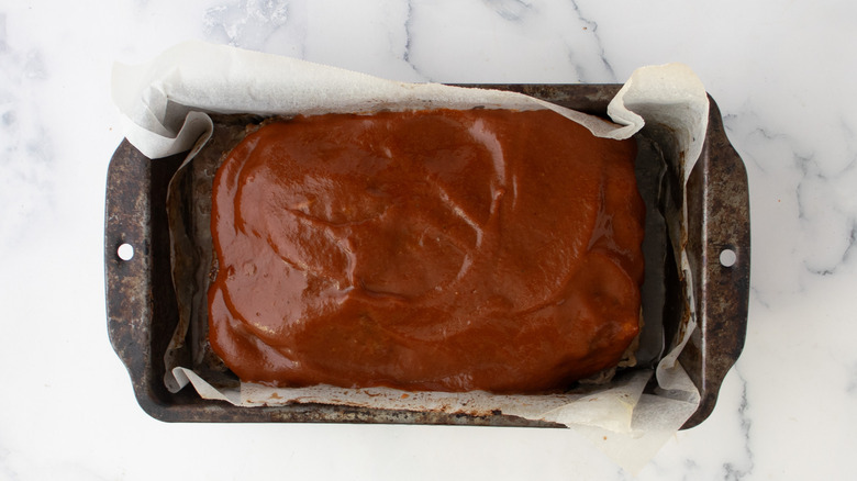 meatloaf with sauce on surface