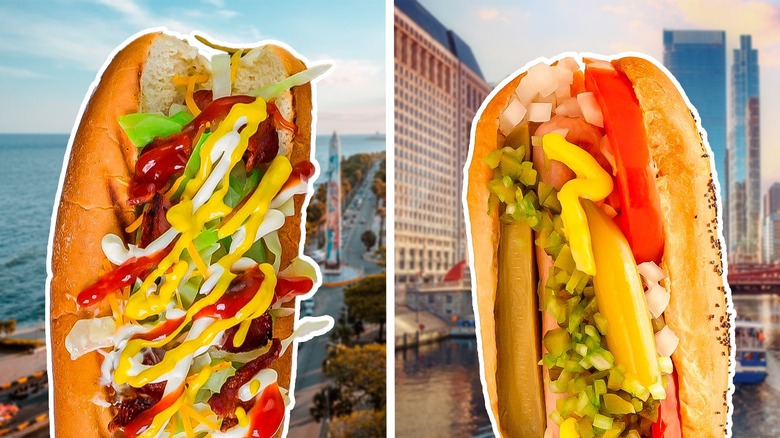 Dominican hot dog and Chicago-style hot dog