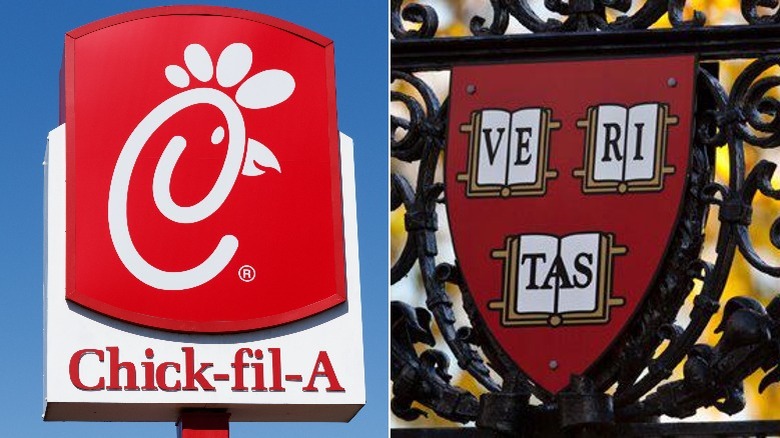 Chick-fil-A sign and Harvard logo on iron gate