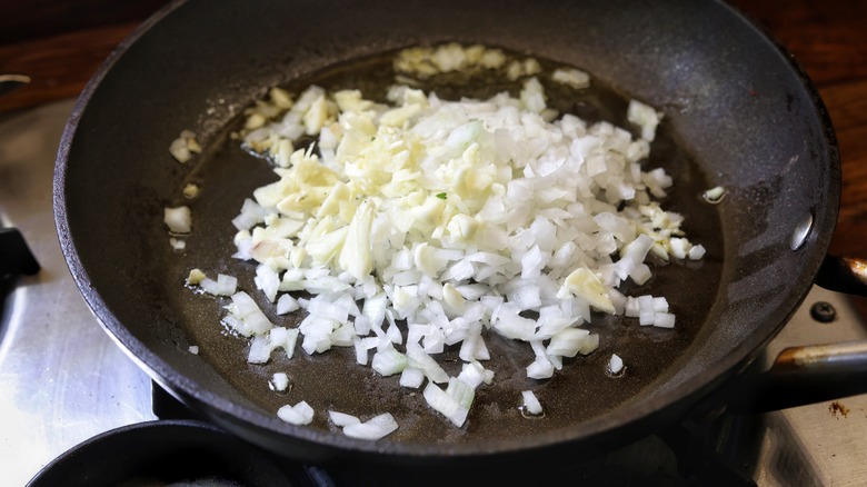 skillet of onion and garlic