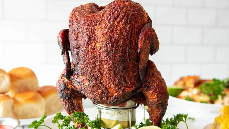 Whole cooked chicken on beer can