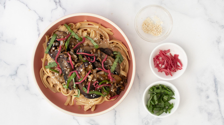 bowl of noodles with mushrooms