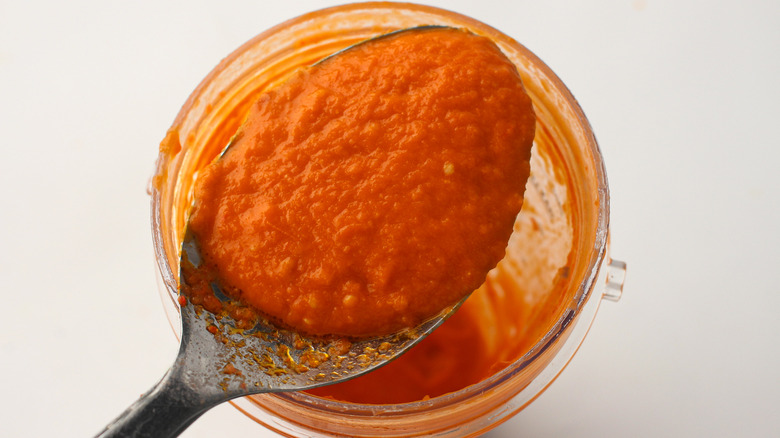 Spoon with smooth hot sauce