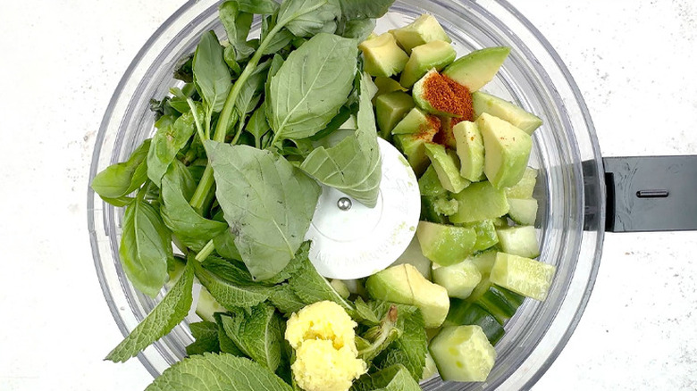 cucumber, melon, basil, spices in food processor