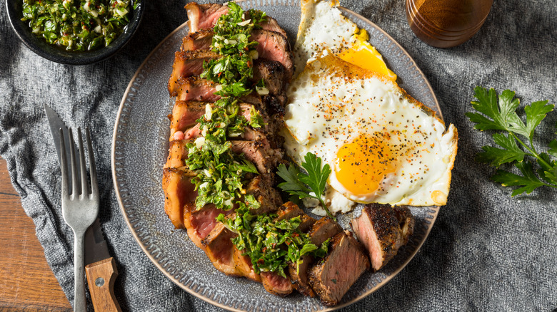 steak and eggs with chimichurri