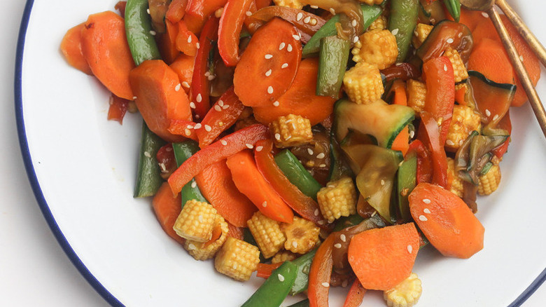 stir-fried carrots, corn, peppers