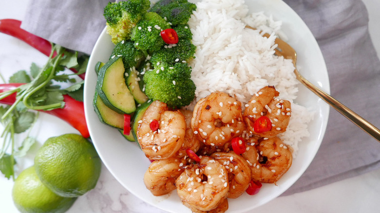 shrimp, rice, and broccoli