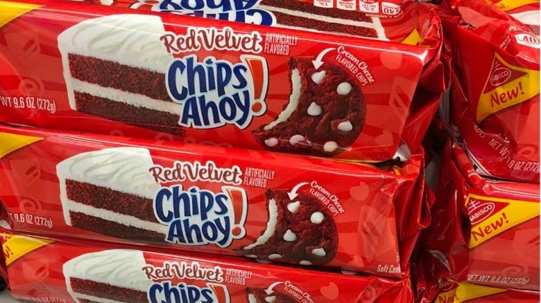 Several packages of Chips Ahoy Red Velvet cookies