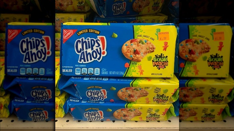 Several packages of Chips Ahoy Sour Patch Kids cookies