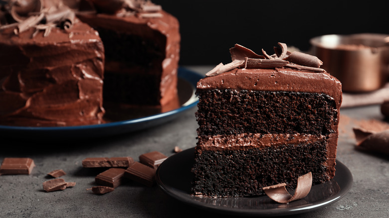 a slice of chocolate cake with chocolate frosting