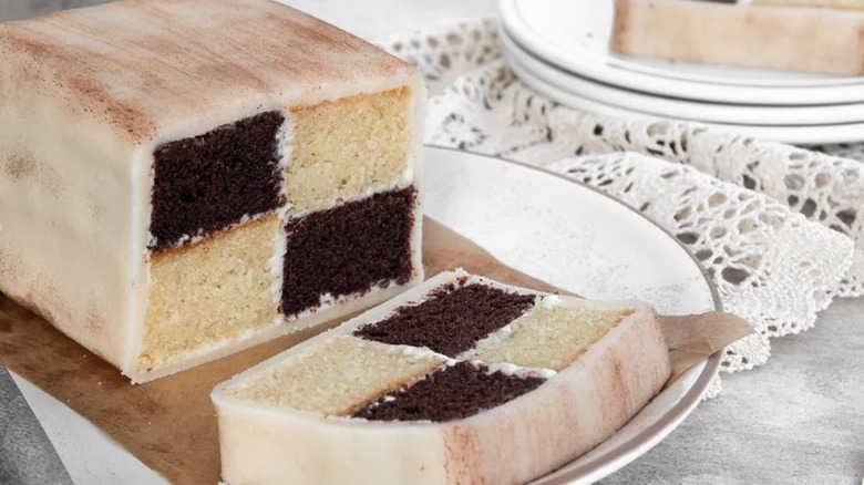 Chocolate Battenburg cake and slice