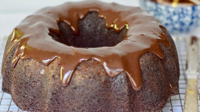 Round tube chocolate cake with chocolate icing