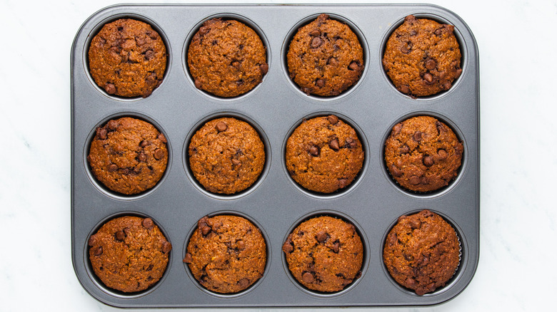 Chocolate chip carrot muffins in pan