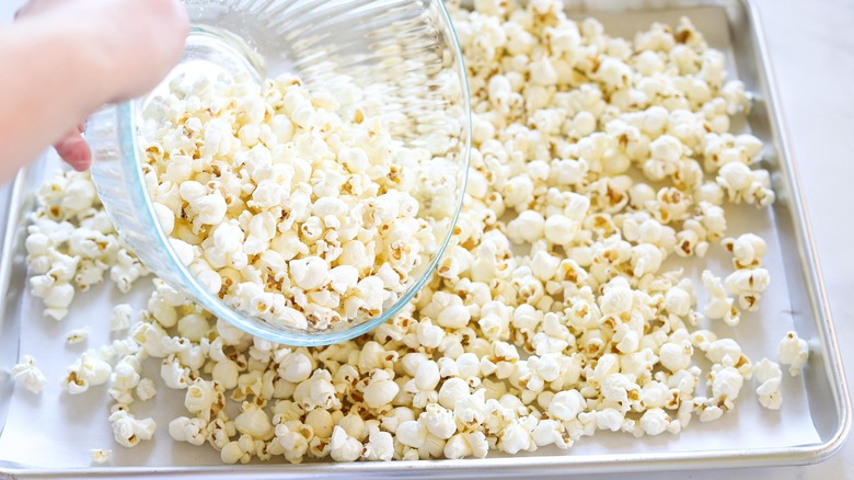 popcorn on a baking sheet 