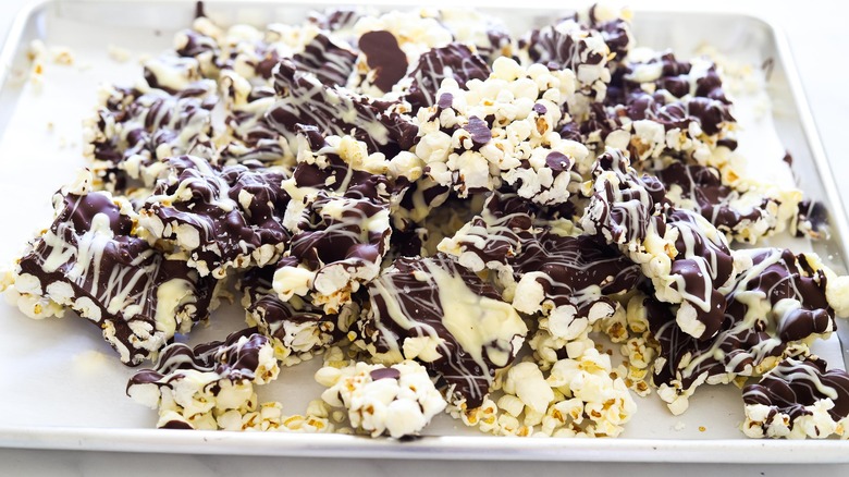 chocolate popcorn on pan