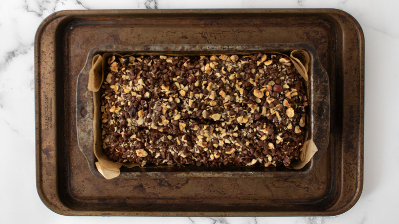 baked chocolate hazelnut loaf cooling