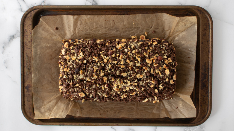 baked chocolate hazelnut loaf cooling