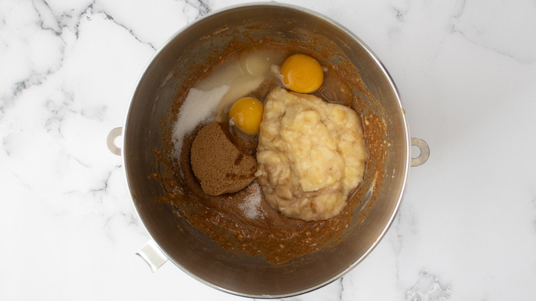 chocolate loaf batter ingredients in bowl