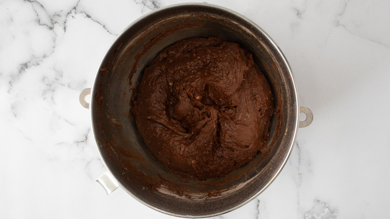 thick chocolate loaf batter in bowl