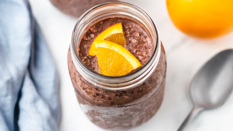 A jar of chocolate orange overnight oats