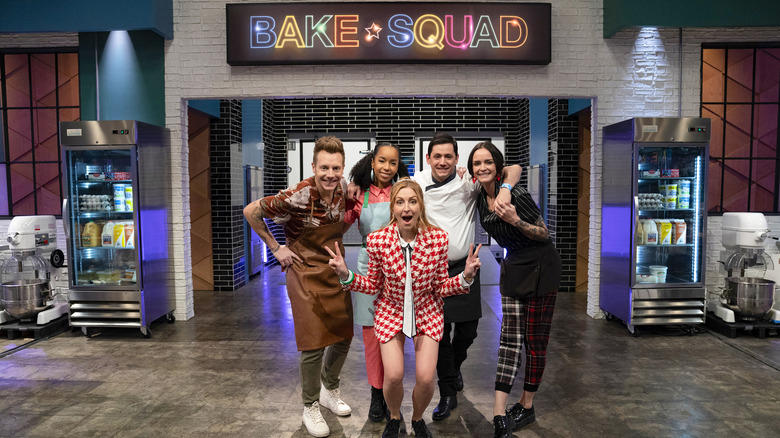 Gonzo, Maya-Camille, Christina Tosi, Christophe, and Ashley posing in Bake Squad kitchen