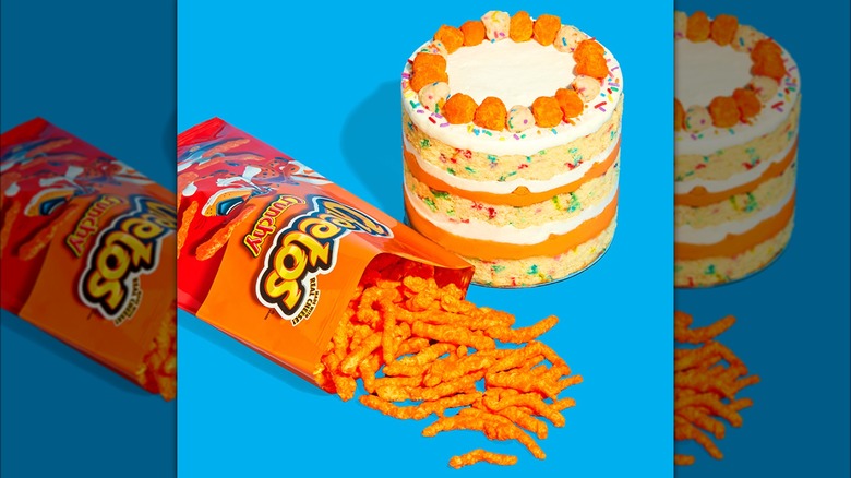 Birthday cake with bag of Cheetos