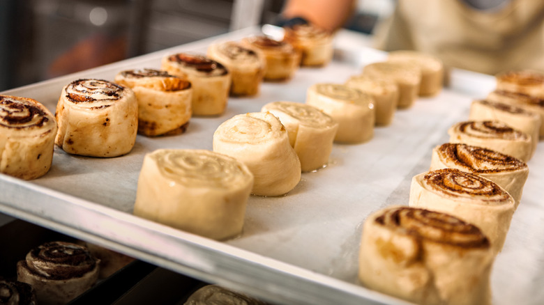 unbaked cinnamon rolls on tray