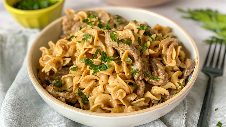 beef stroganoff in a bowl 